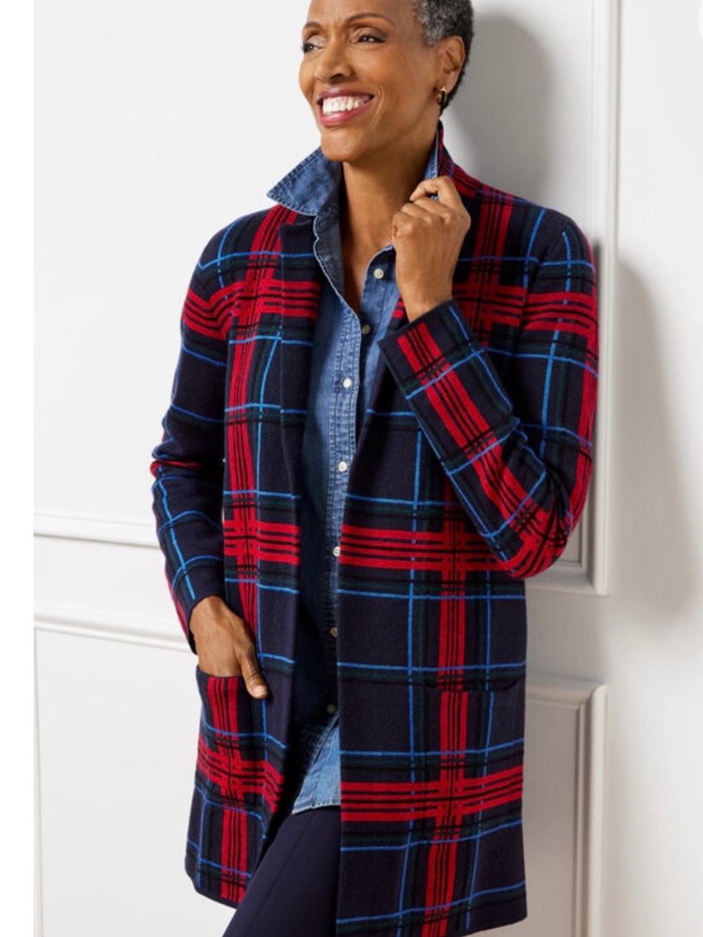 Talbots Navy, Red & Blue Plaid Open-Front Coatigan 100% Merino Wool